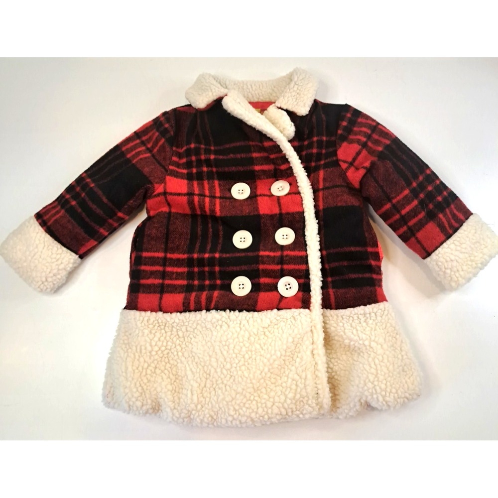 Penelope Mack Baby 18 Months Buffalo Plaid Wool Blend Coat Sherpa Trim Red